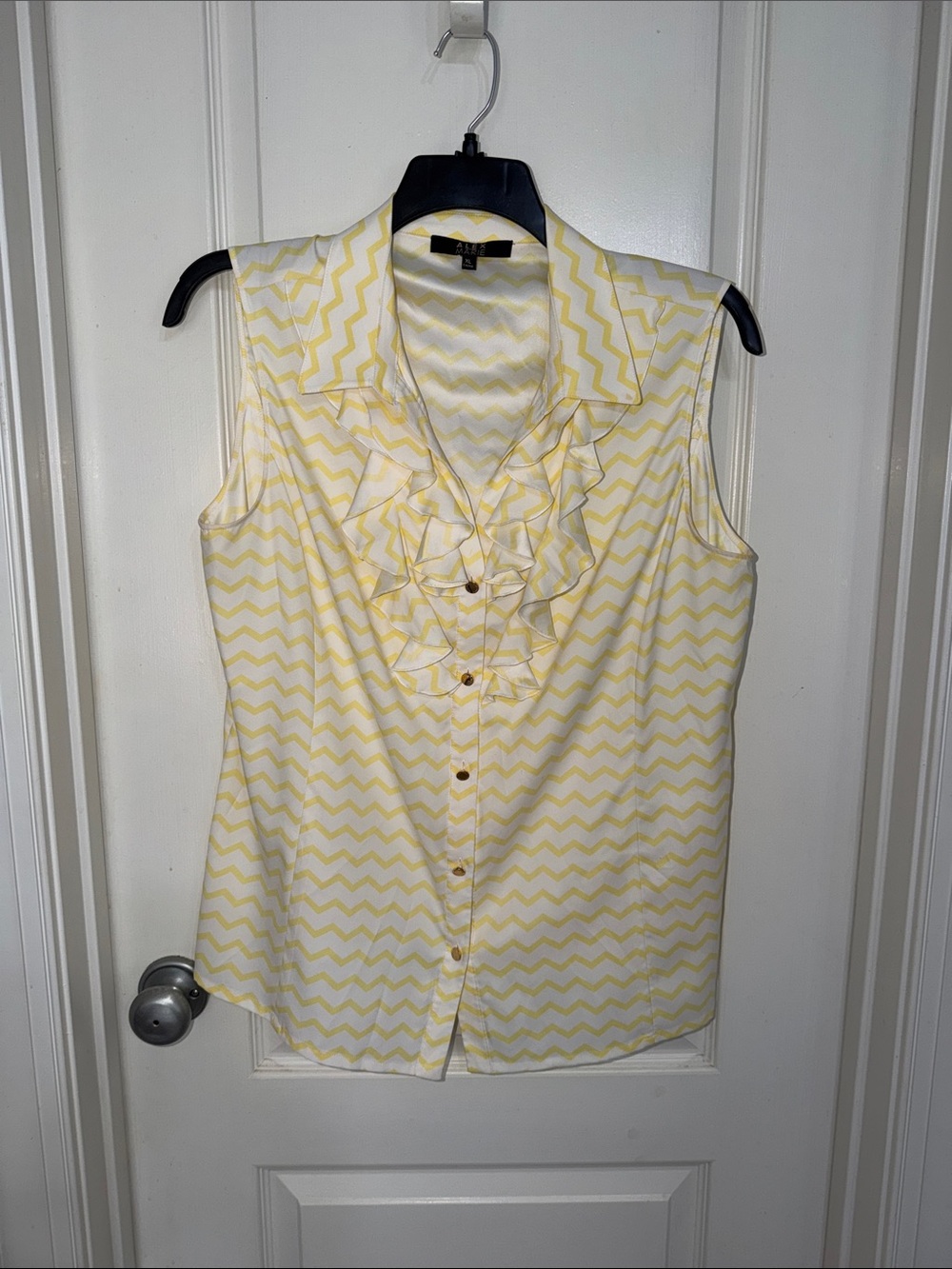 Alex Marie Yellow Chevron Ruffle Sleeveless Blouse
